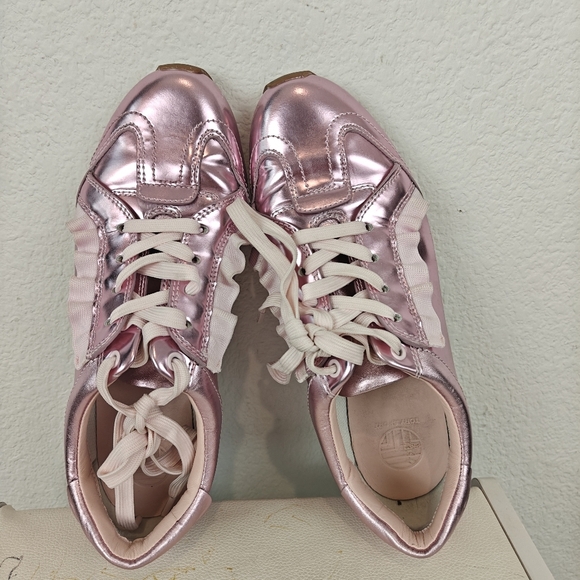 Tory Burch Women's Ruffle Trainer Leather Lace Up Sneakers Metallic Pink Size 8M - Picture 14 of 16